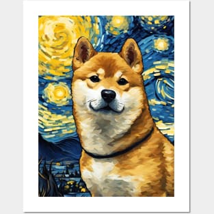 Cute Shiba Inu Dog Breed Painting in a Van Gogh Starry Night Art Style Posters and Art